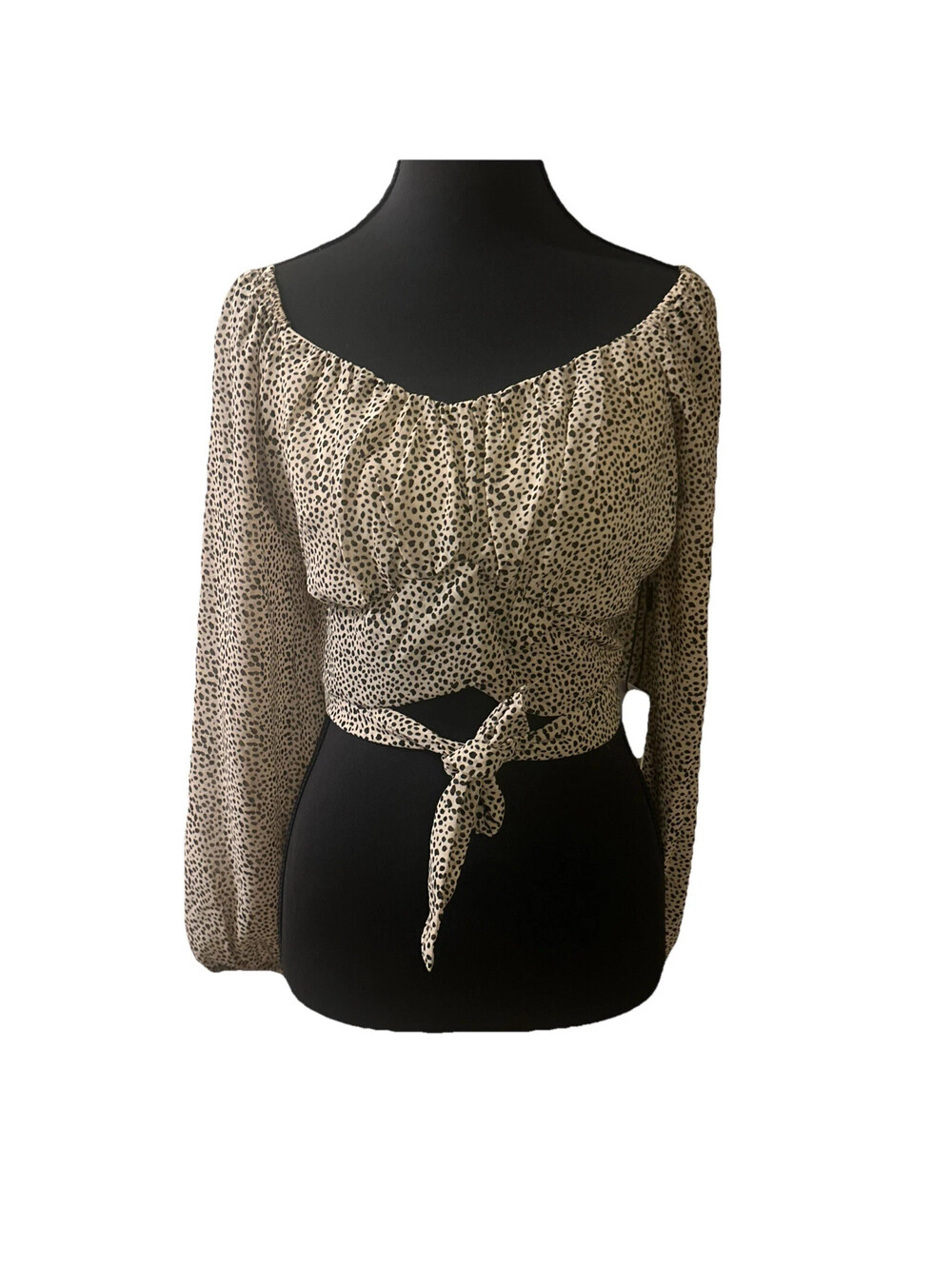 Japna Size Small Animal Print Tan/Black Balloon Sleeve Crop Wrap Around Top EUC